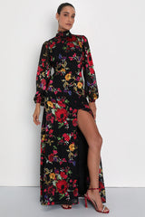 Graceful Arrival Black Floral Burnout Backless Maxi Dress