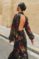 Graceful Arrival Black Floral Burnout Backless Maxi Dress