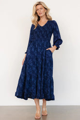 Aubrey Smocked Midi Dress | Navy Floral