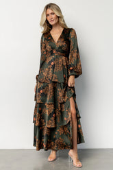 Montrouge Tiered Satin Dress | Olive Floral