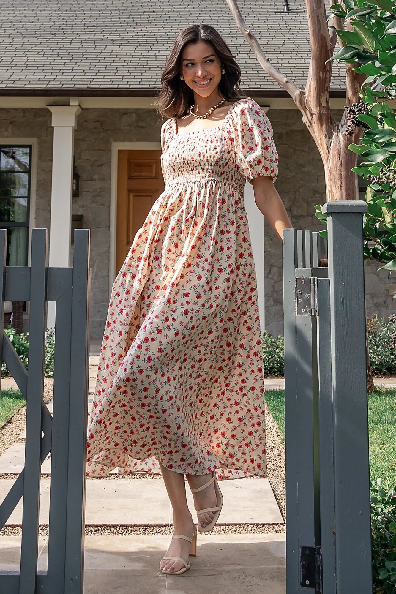 Haddie Smocked Midi Dress | Cream + Rose Floral