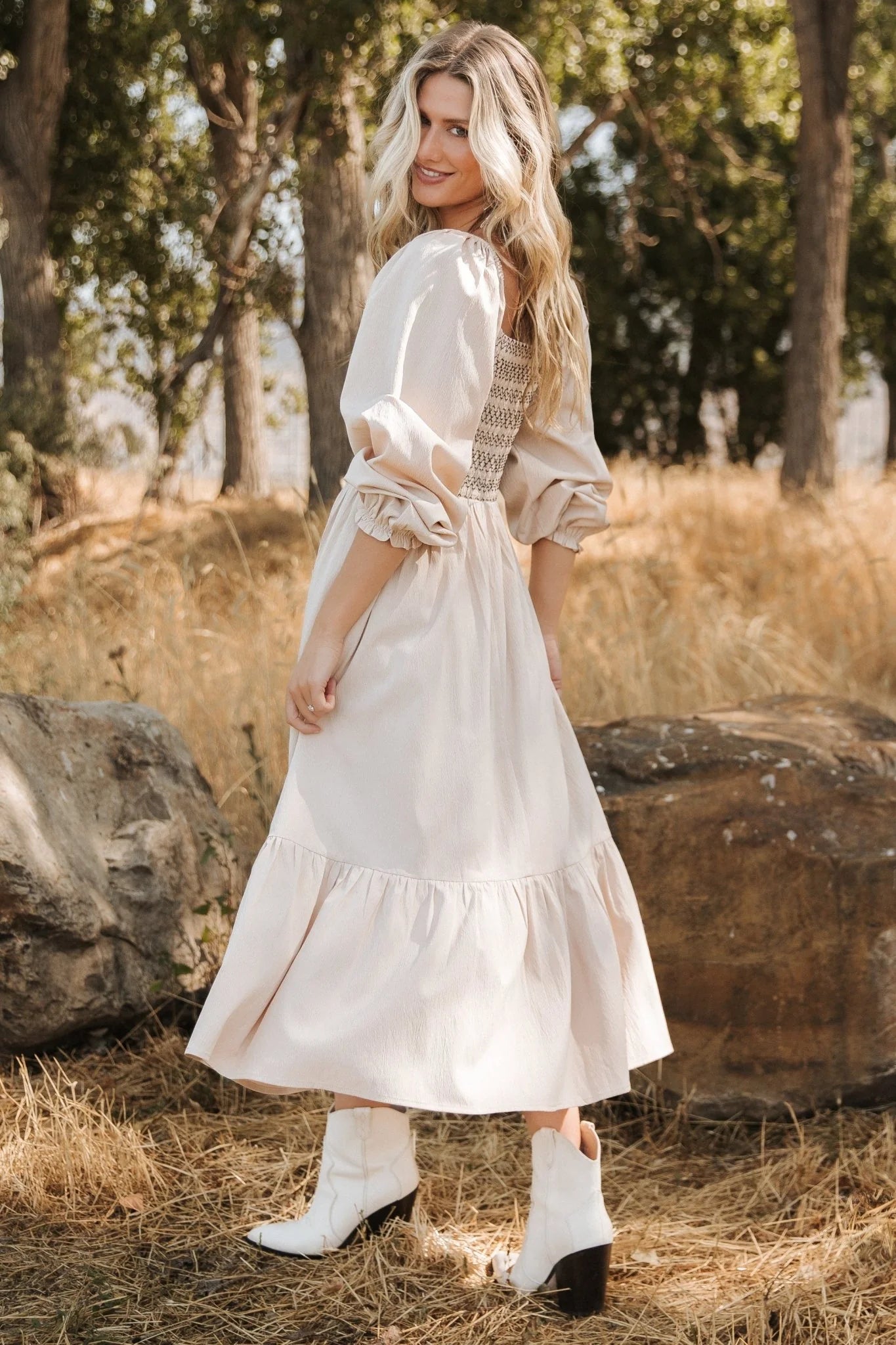 Emmeline Smocked Midi Dress | Natural