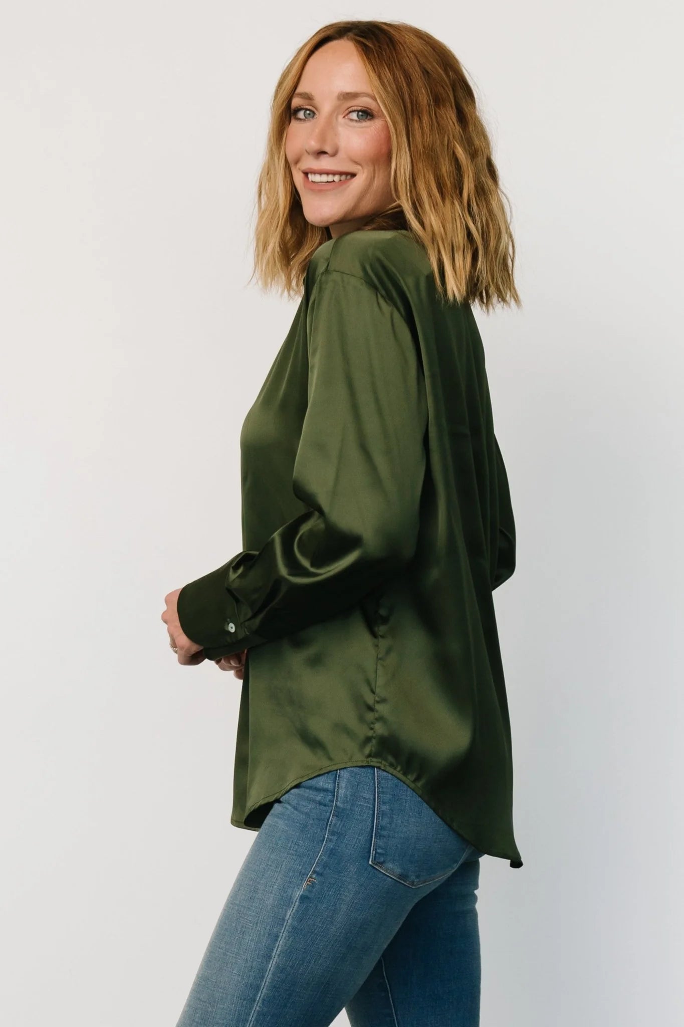 Kacey Satin Button Up Top | Dark Green
