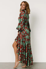 Lavinia Ruffle Maxi Dress | Rust + Green Floral