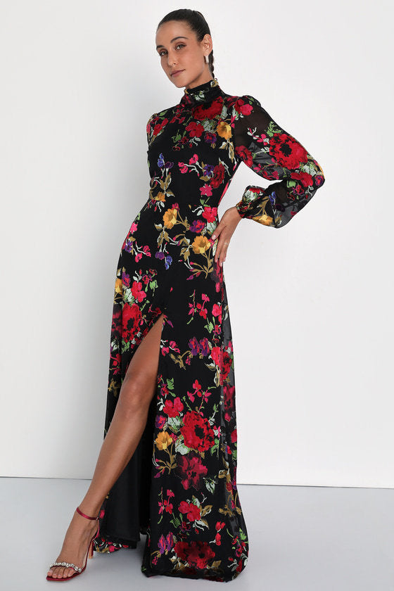 Graceful Arrival Black Floral Burnout Backless Maxi Dress