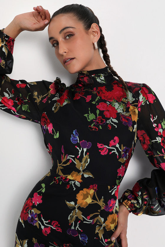 Graceful Arrival Black Floral Burnout Backless Maxi Dress