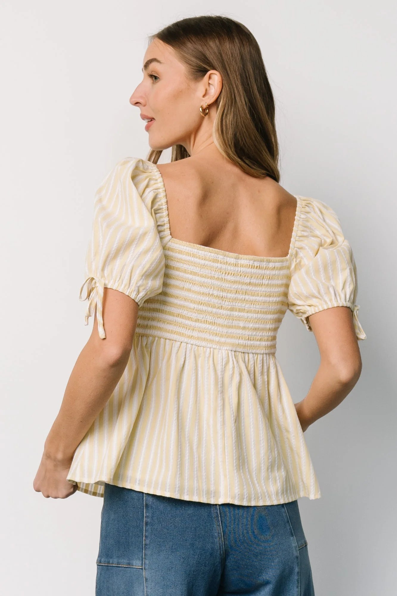 Betsy Peplum Top | Yellow + White Stripe