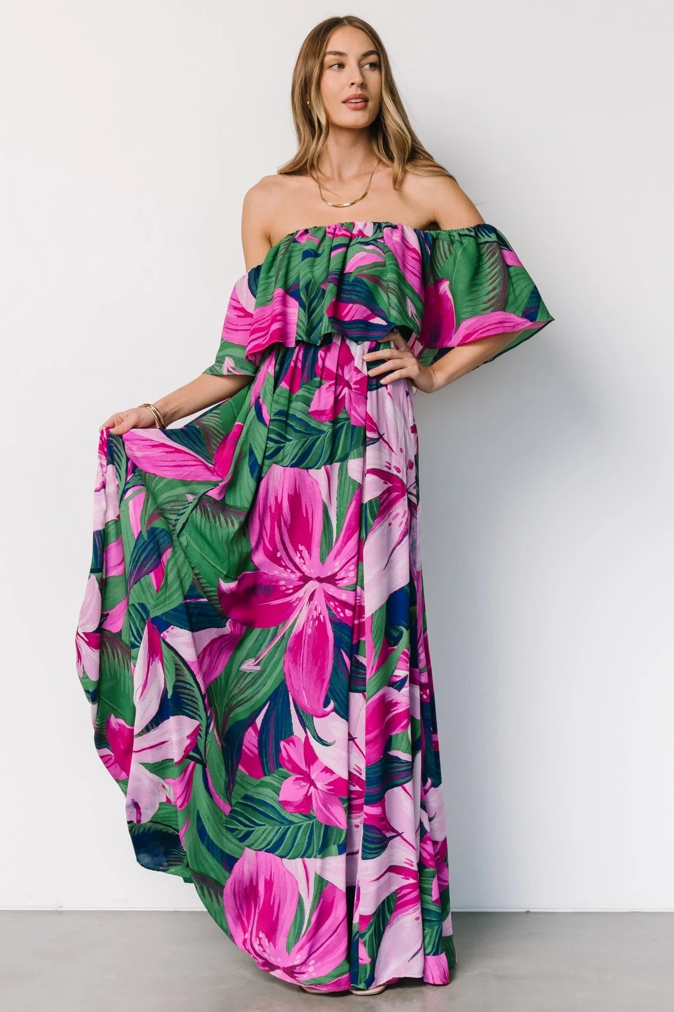 Azalea Off Shoulder Maxi Dress | Green + Fuchsia Floral