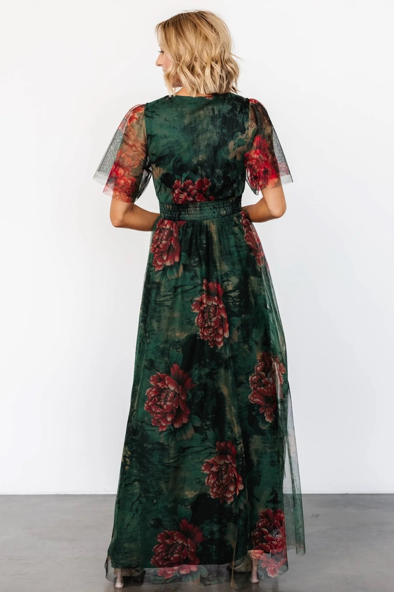 Cressida Tulle Maxi Dress | Dark Green + Red Floral