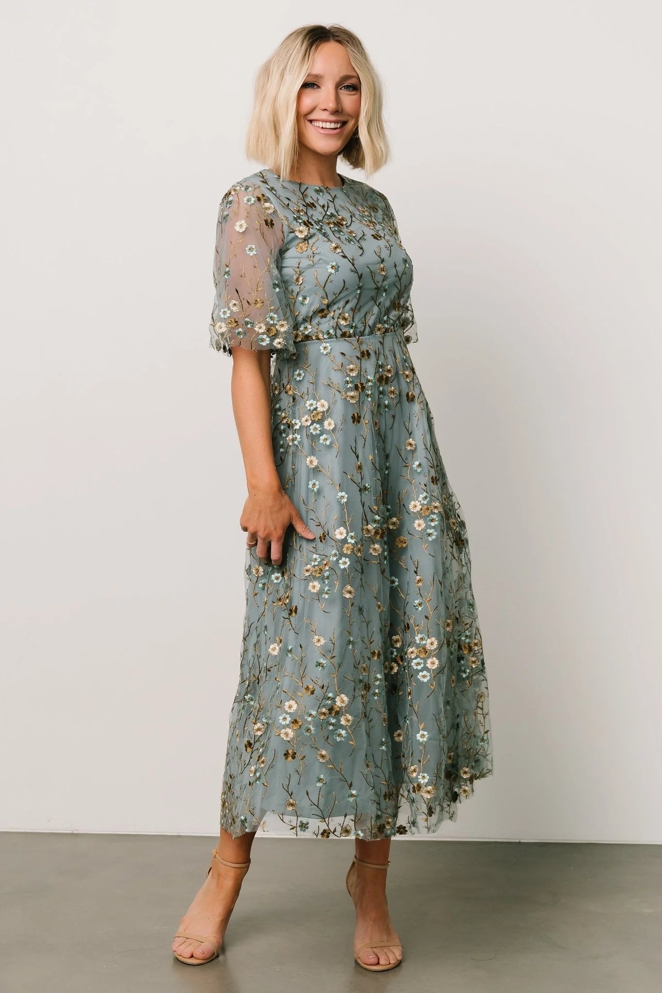 Arabella Embroidered Tulle Maxi Dress | Dusty Blue Floral