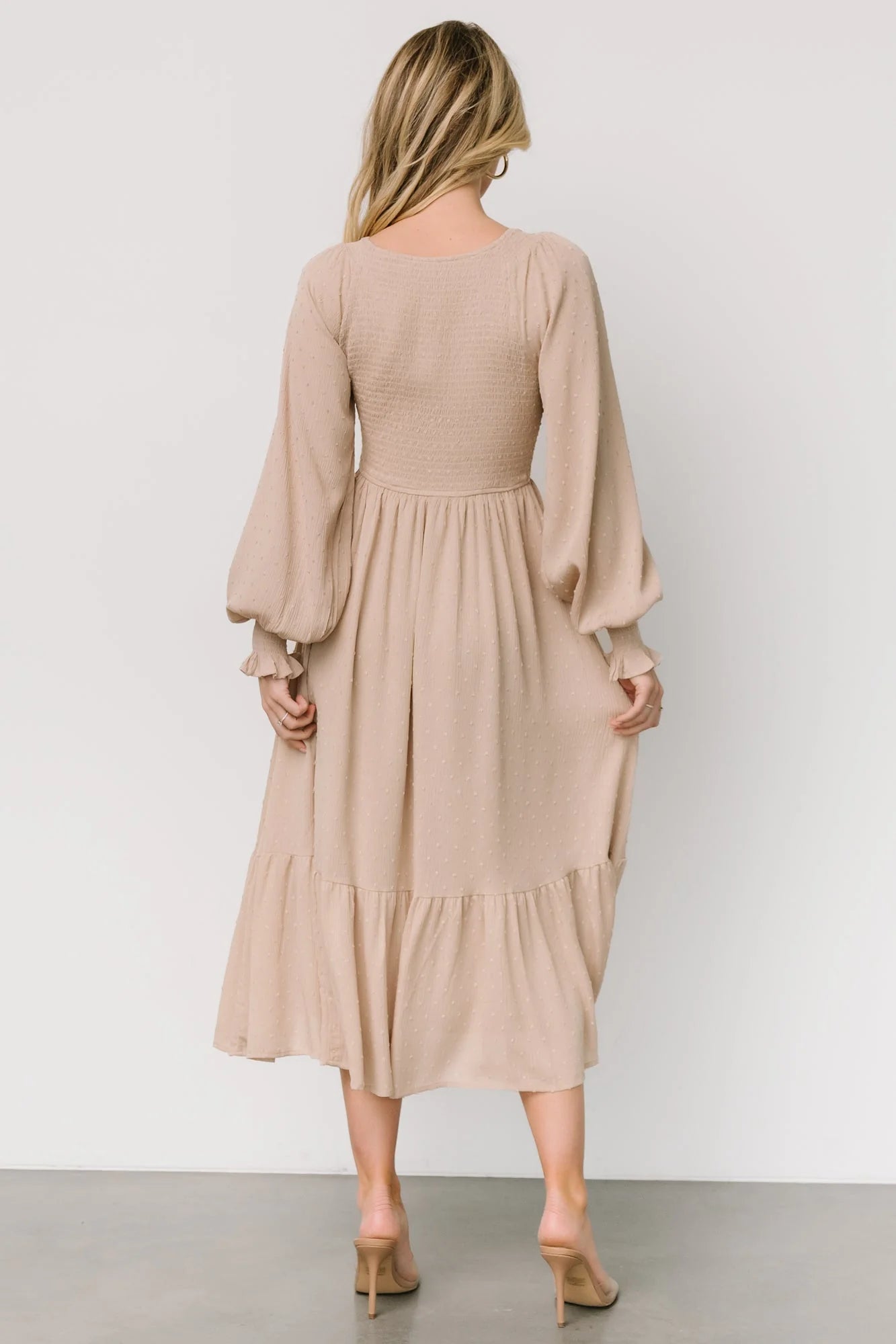 Lainey Smocked Dotted Midi Dress | Beige