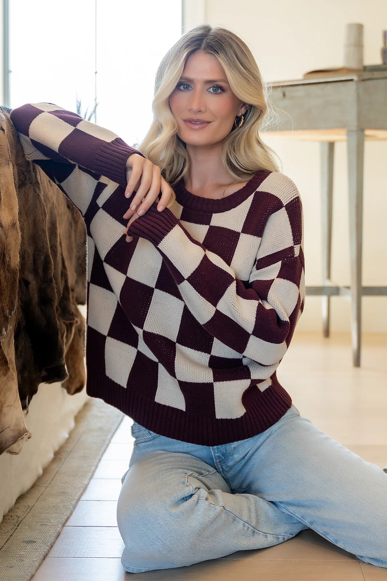 Quincy Checkered Sweater | Burgundy