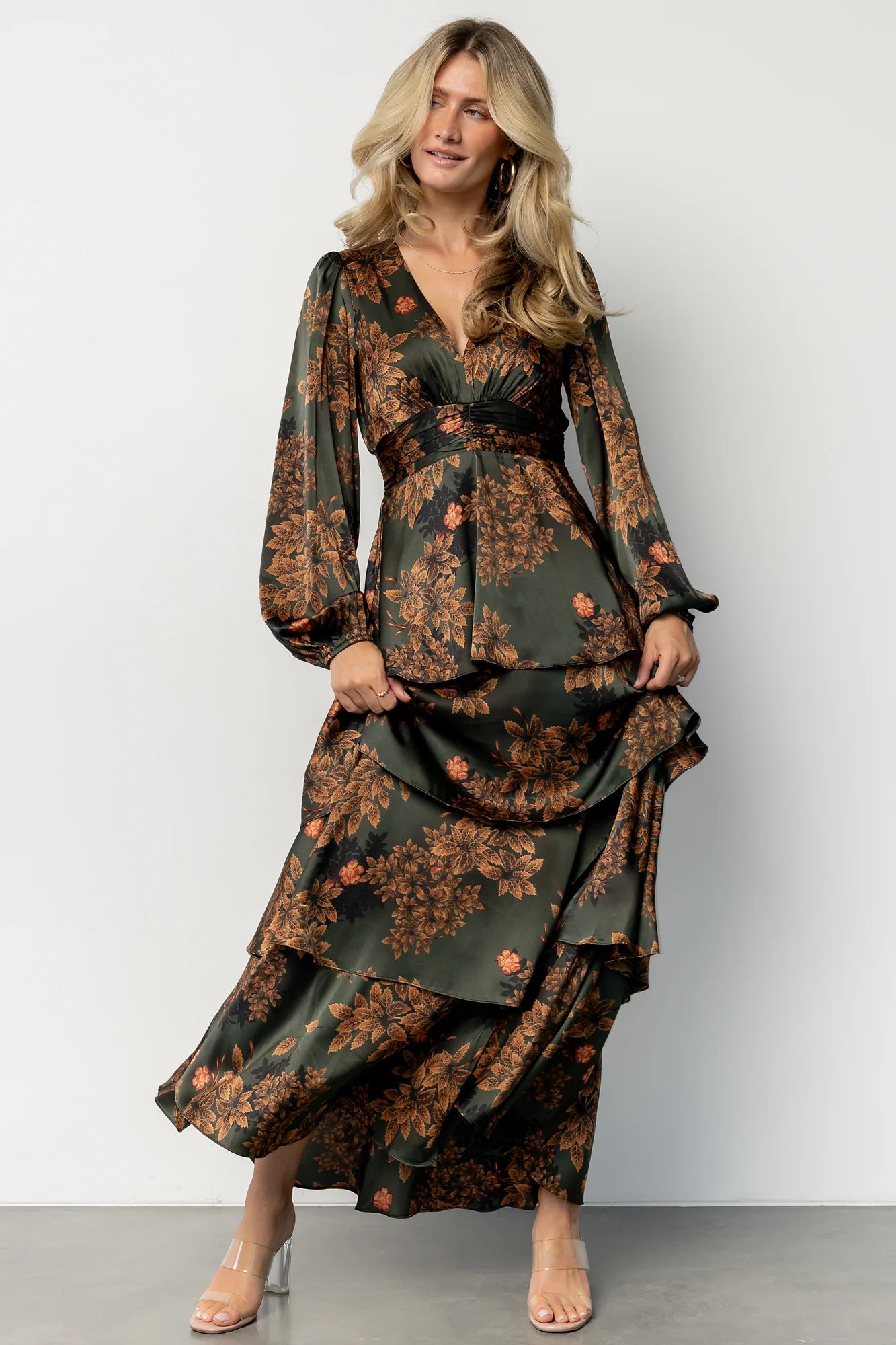 Montrouge Tiered Satin Dress | Olive Floral