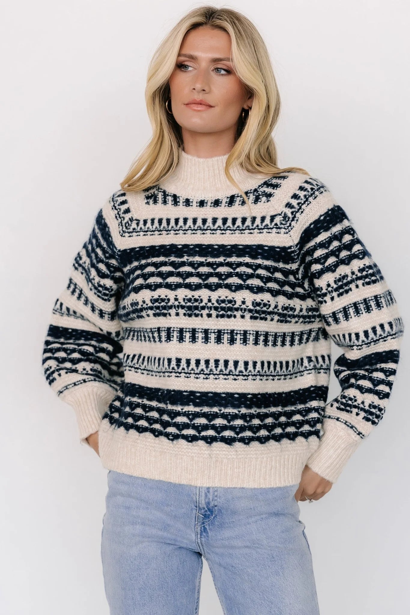 Guadalupe Mock Neck Sweater | Ivory + Navy