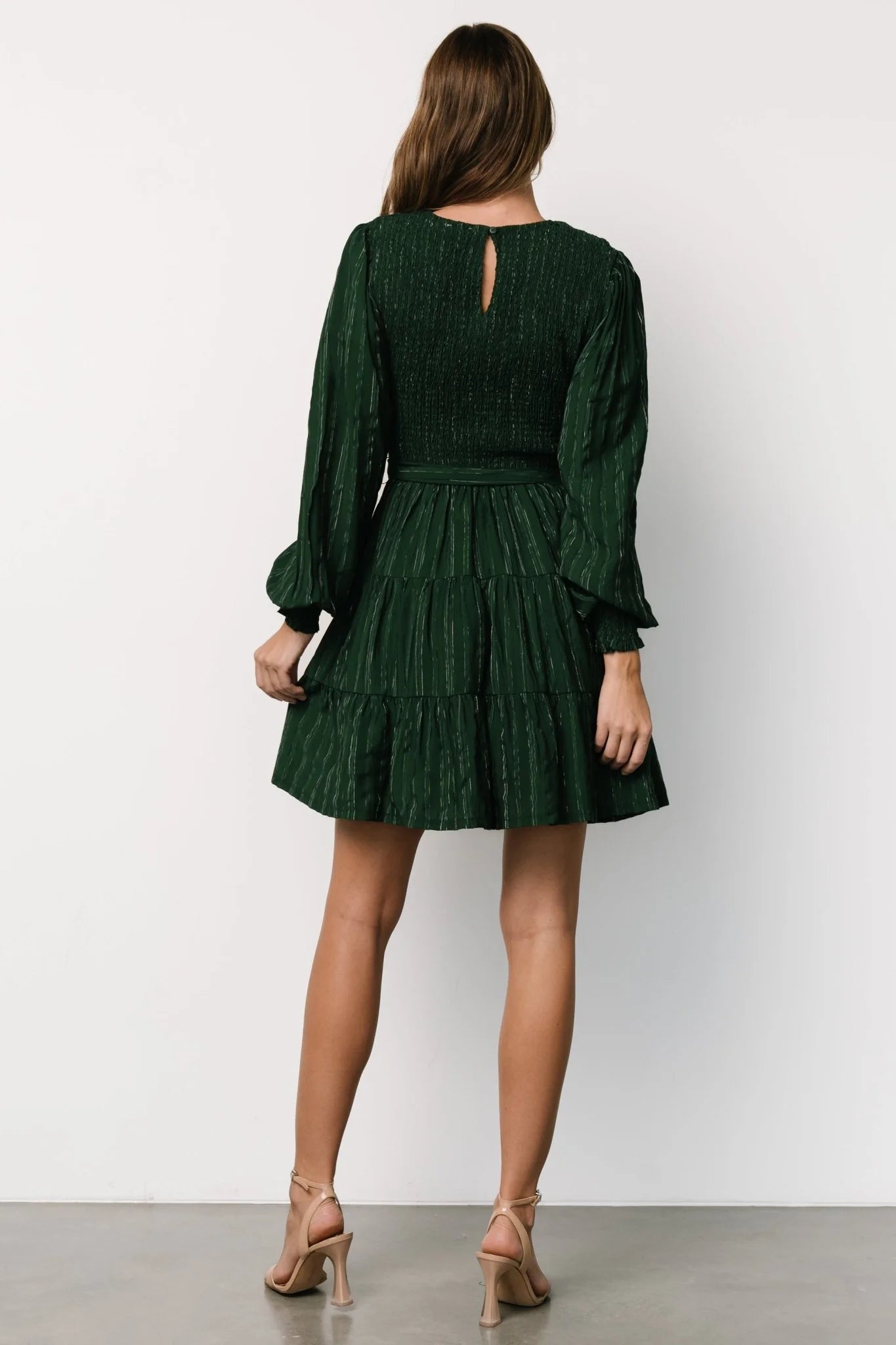 Ivey Smocked Short Dress | Dark Green + Silver
