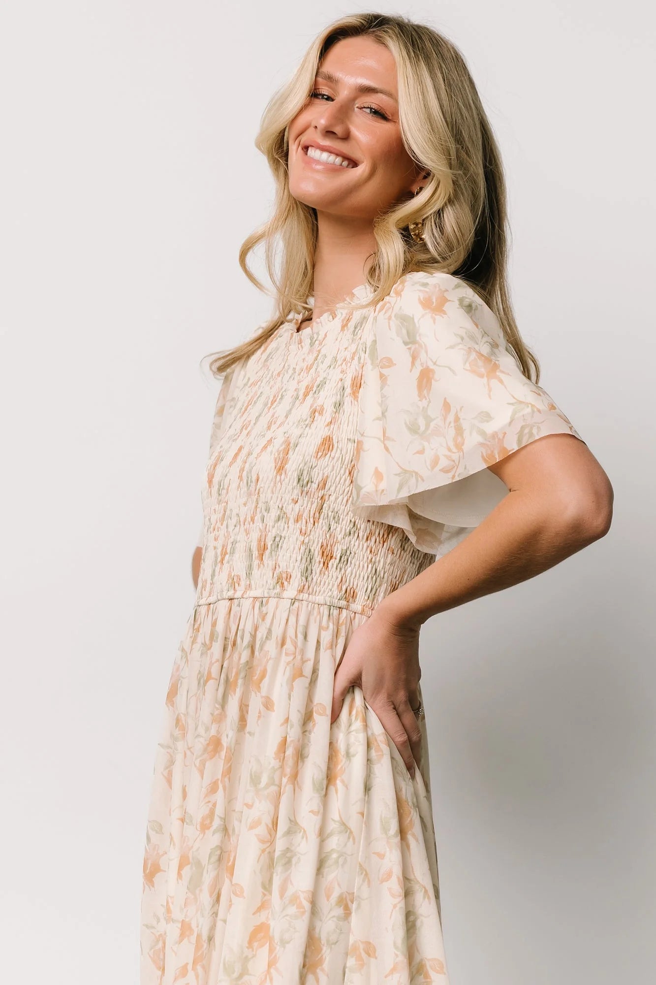 Bailey Smocked Midi Dress | Ivory + Golden Floral