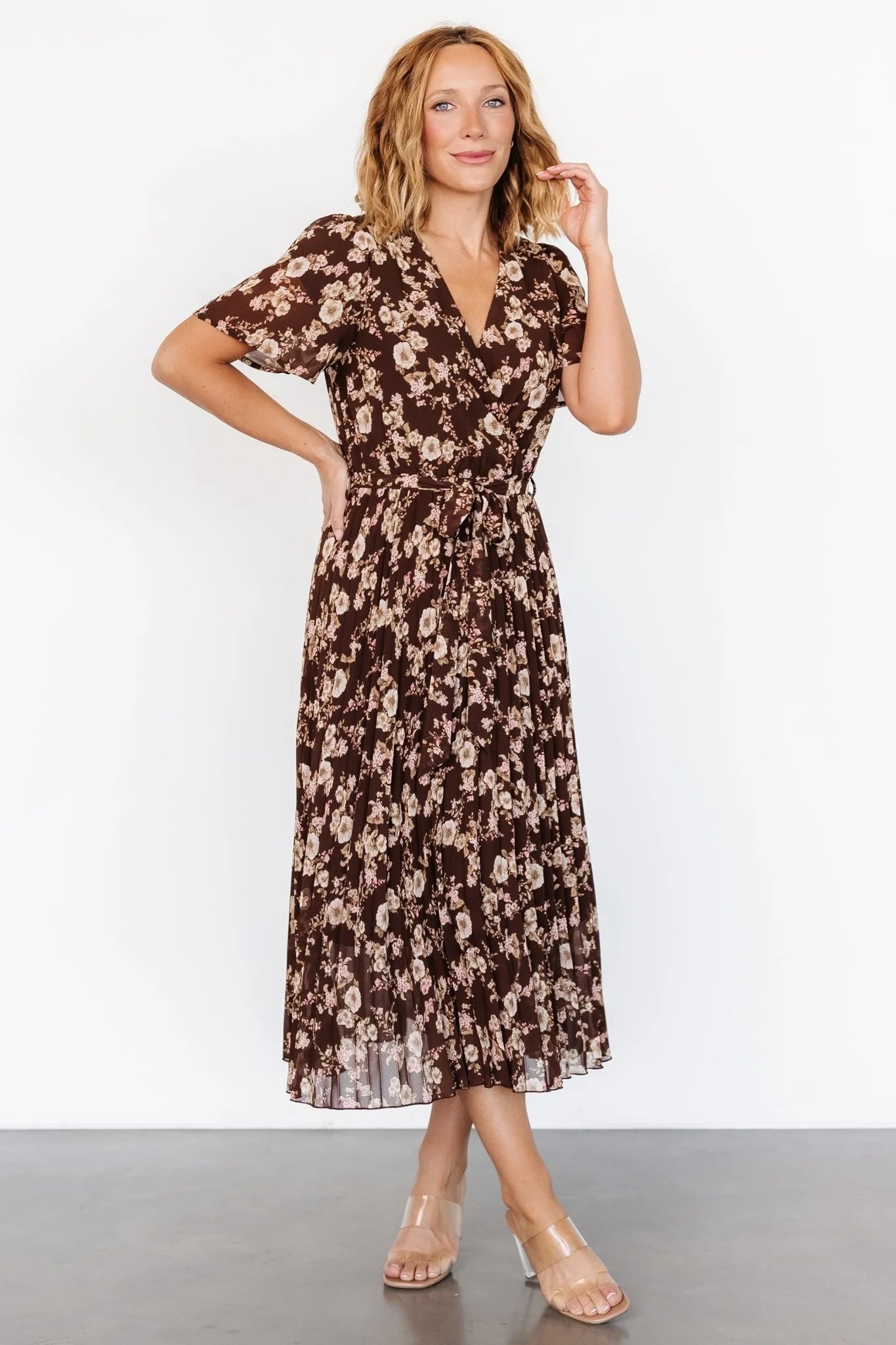 Cassidy Pleated Midi Dress | Brown Floral