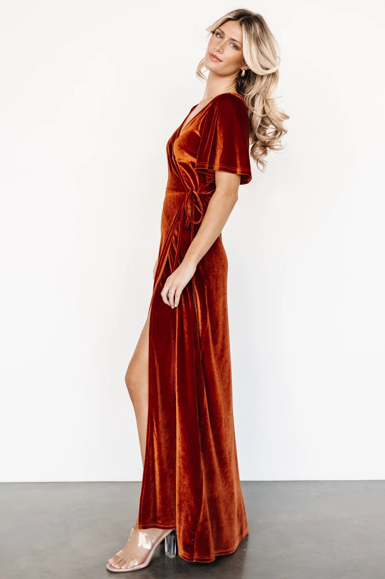 Meghan Velvet Wrap Maxi Dress | Rust