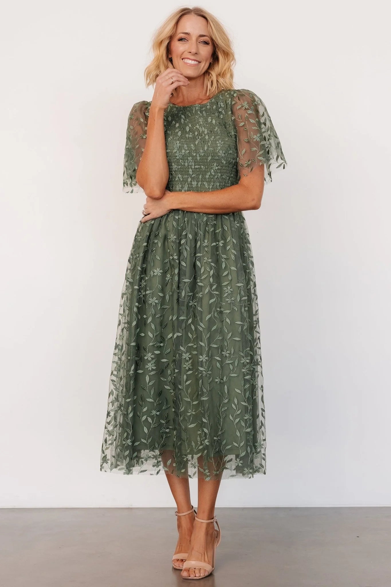 Kendra Embroidered Dress | Dark Sage