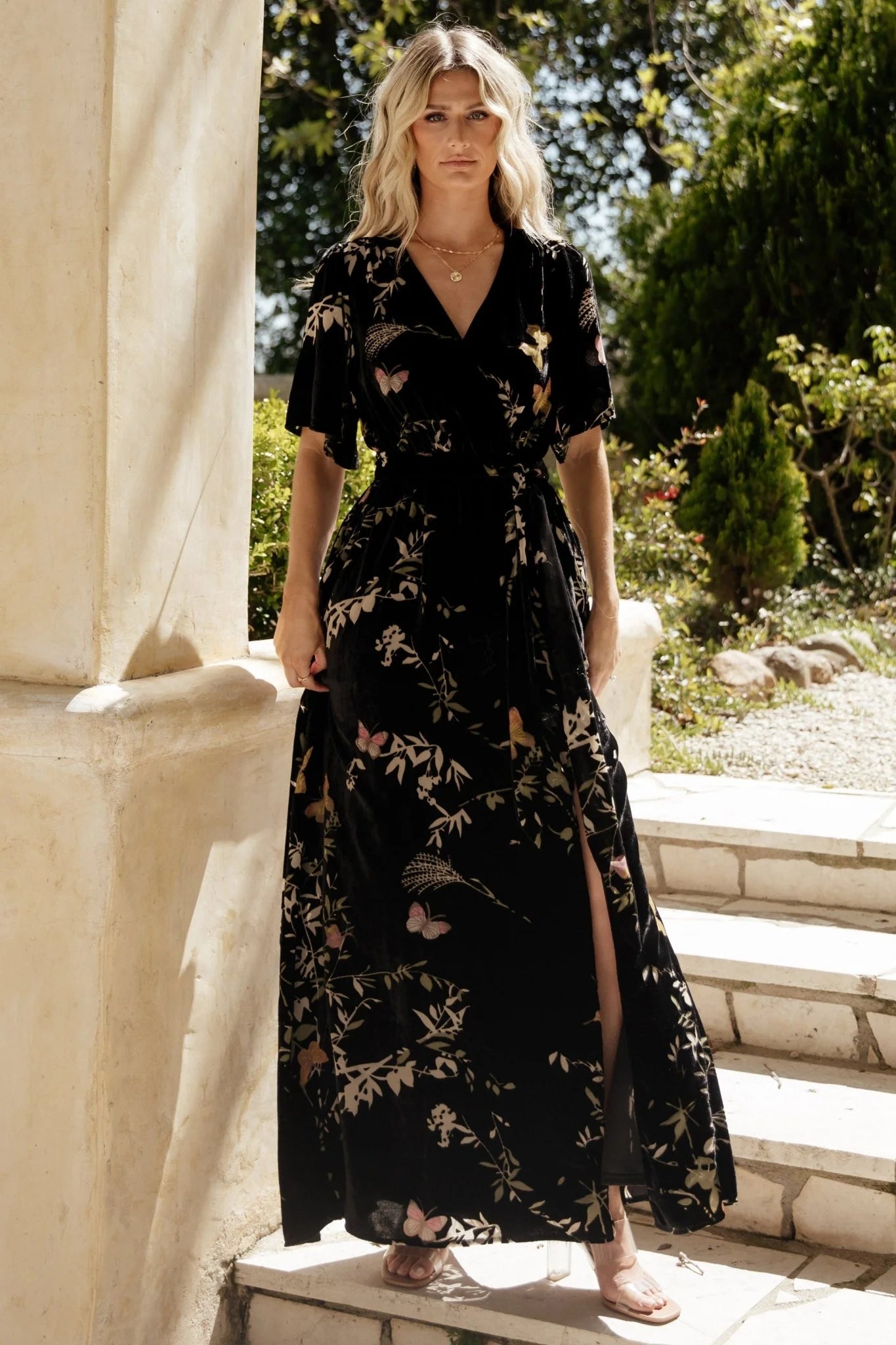 Uma Velvet Maxi Dress | Black Butterfly Print