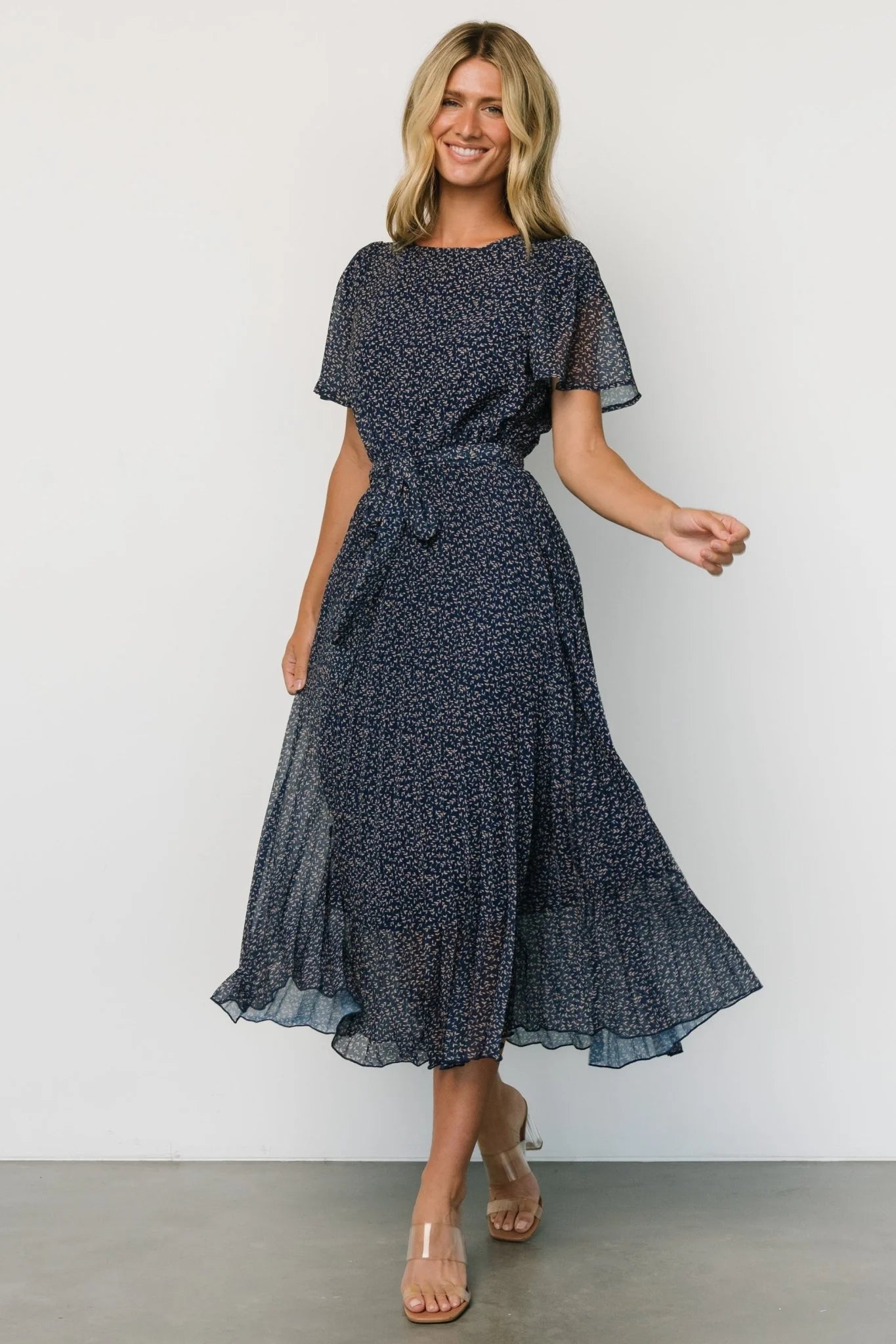 Prim Pleated Dress | Navy Print