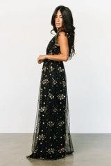 Natalia Floral Embellished Maxi Dress | Black + Gold
