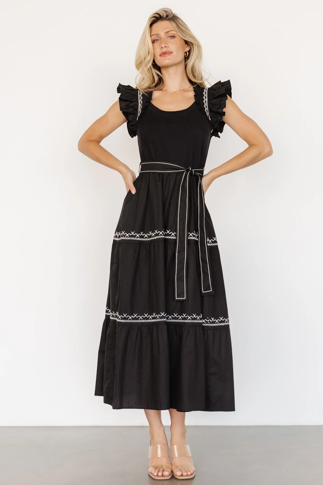 Elisa Embroidered Midi Dress | Black