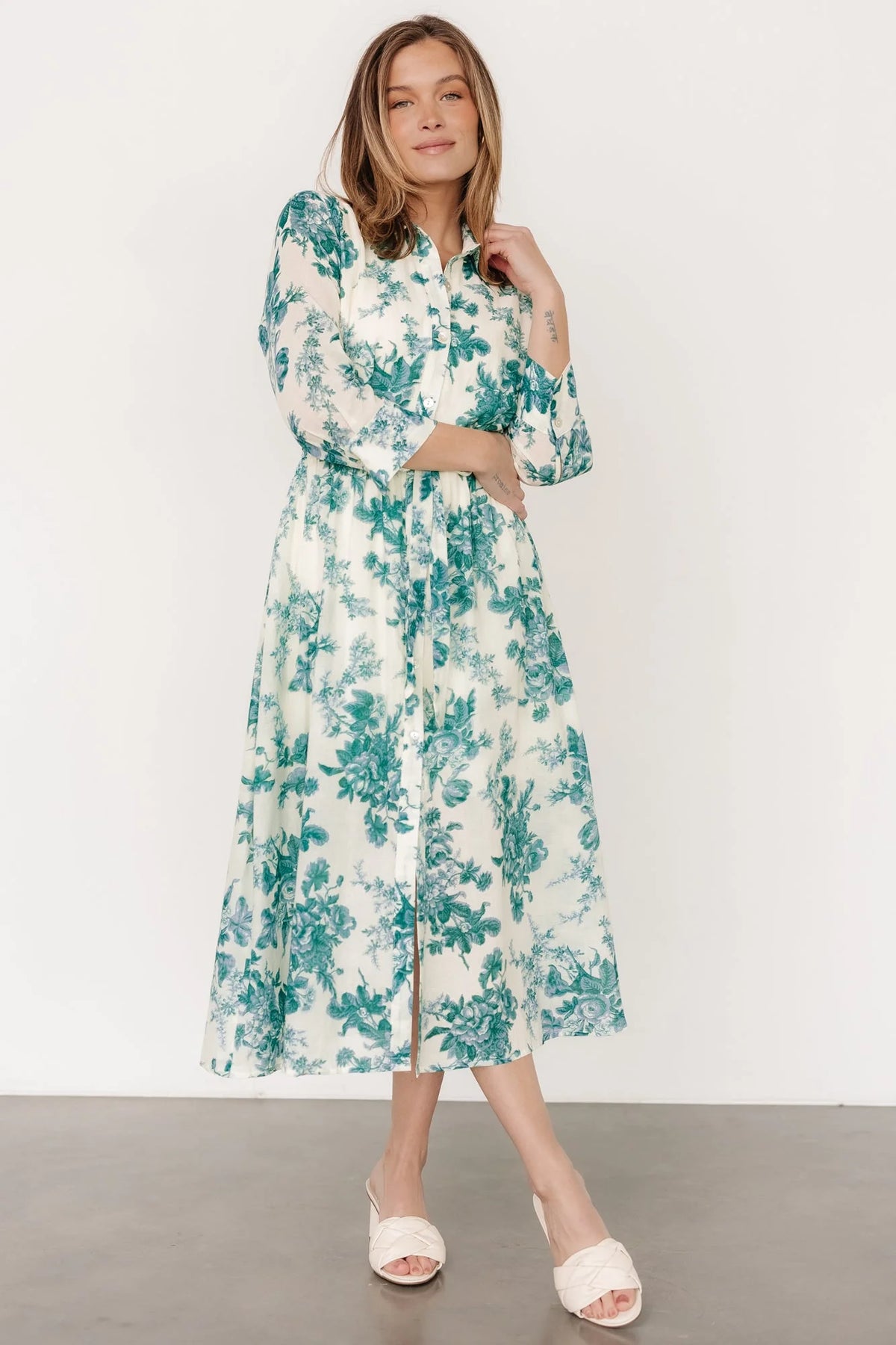 Eunice Button Midi Dress | Cream + Green Floral