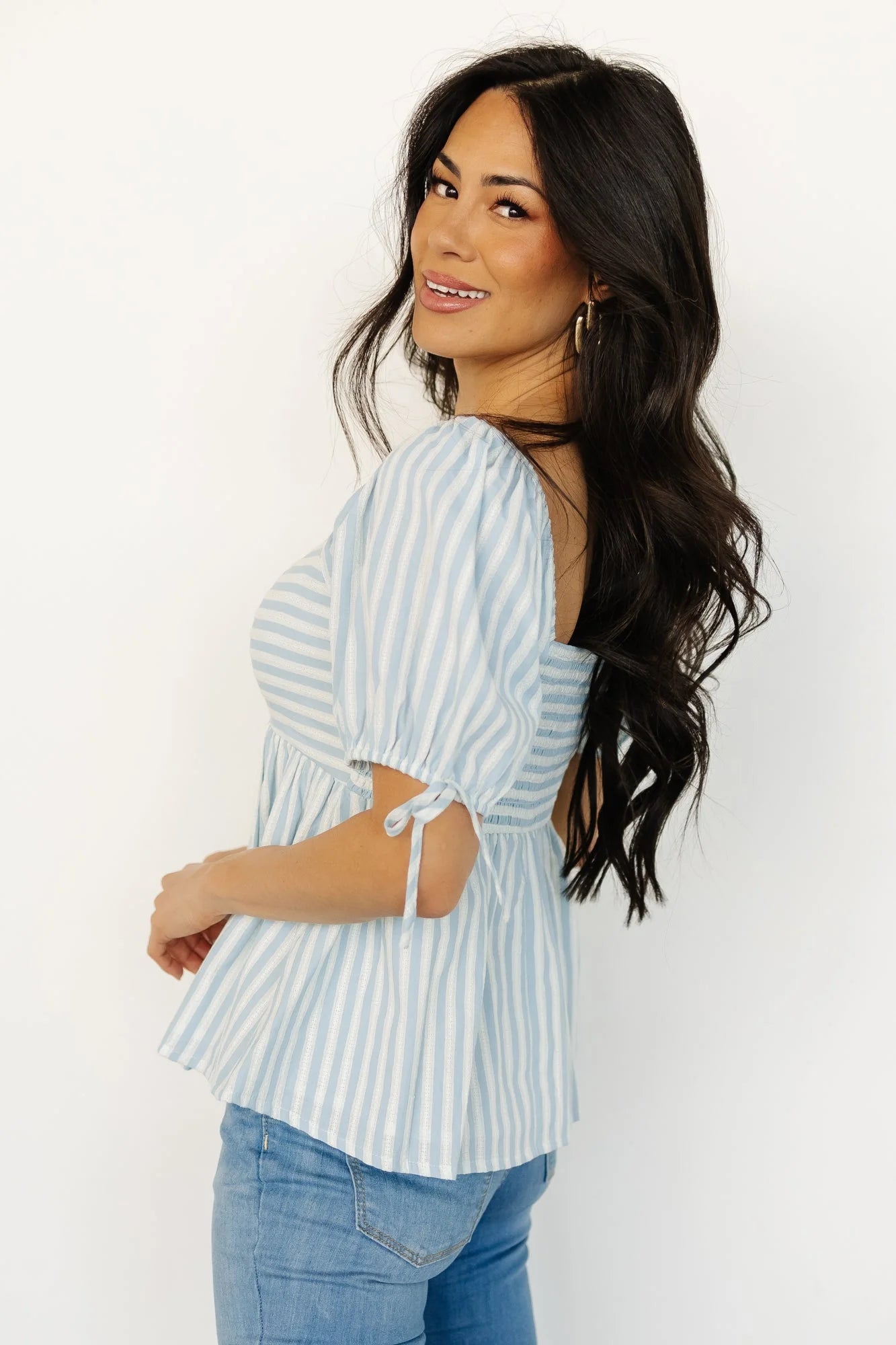 Betsy Peplum Top | Blue + White Stripe