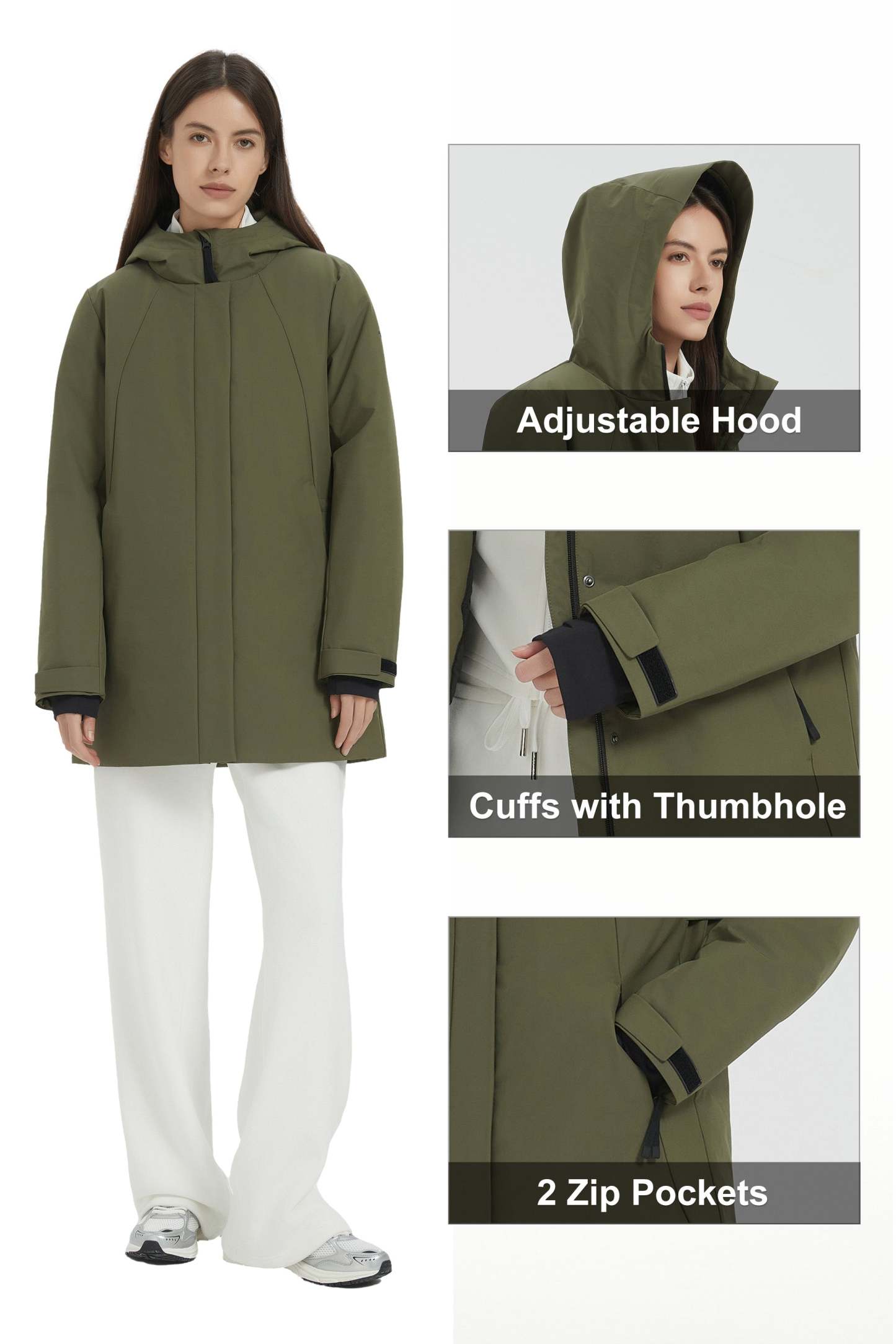 Hooded Winter Warm Parka Jacket Full Zip Lightweight