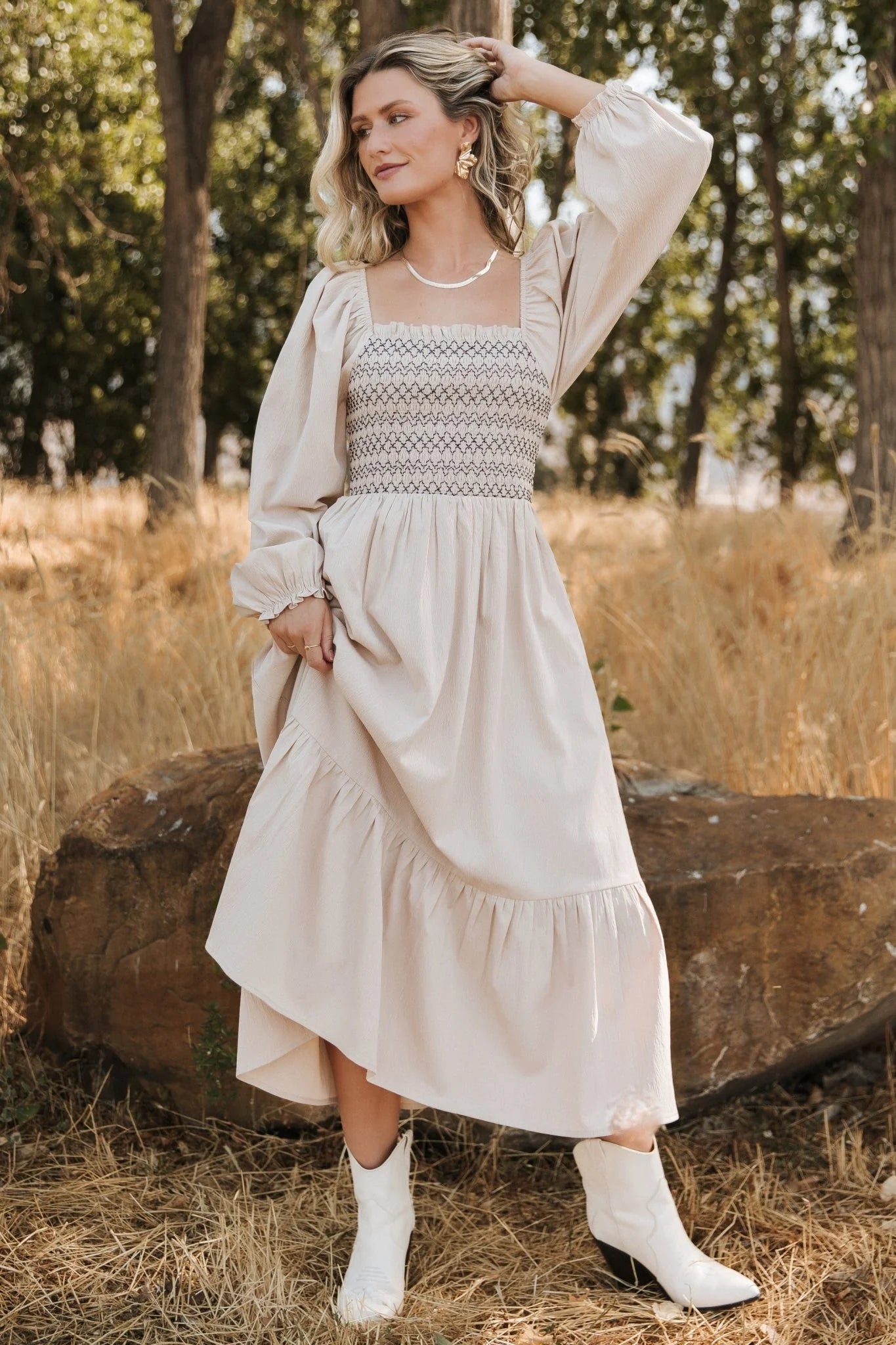 Emmeline Smocked Midi Dress | Natural