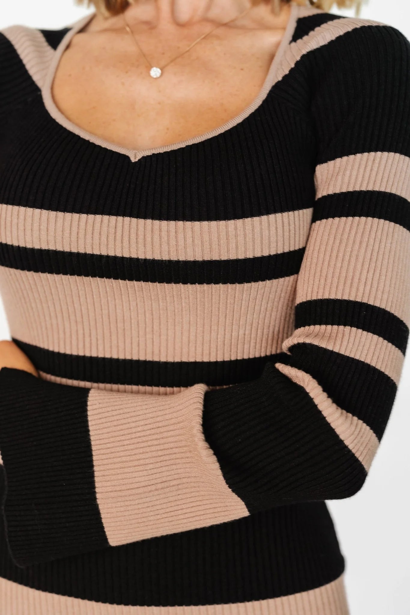 Marika Ribbed Dress | Camel + Black Stripe