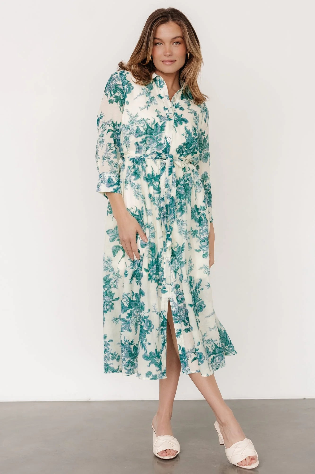 Eunice Button Midi Dress | Cream + Green Floral