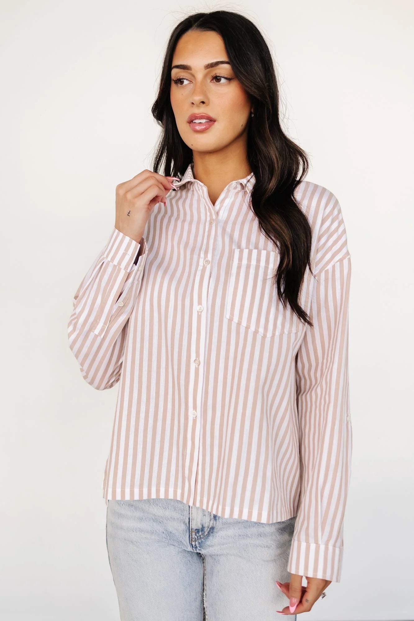 Shasta Button Up Top | Beige Stripe