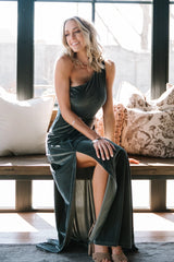 Tatiana Velvet One Shoulder Maxi Dress | Eucalyptus