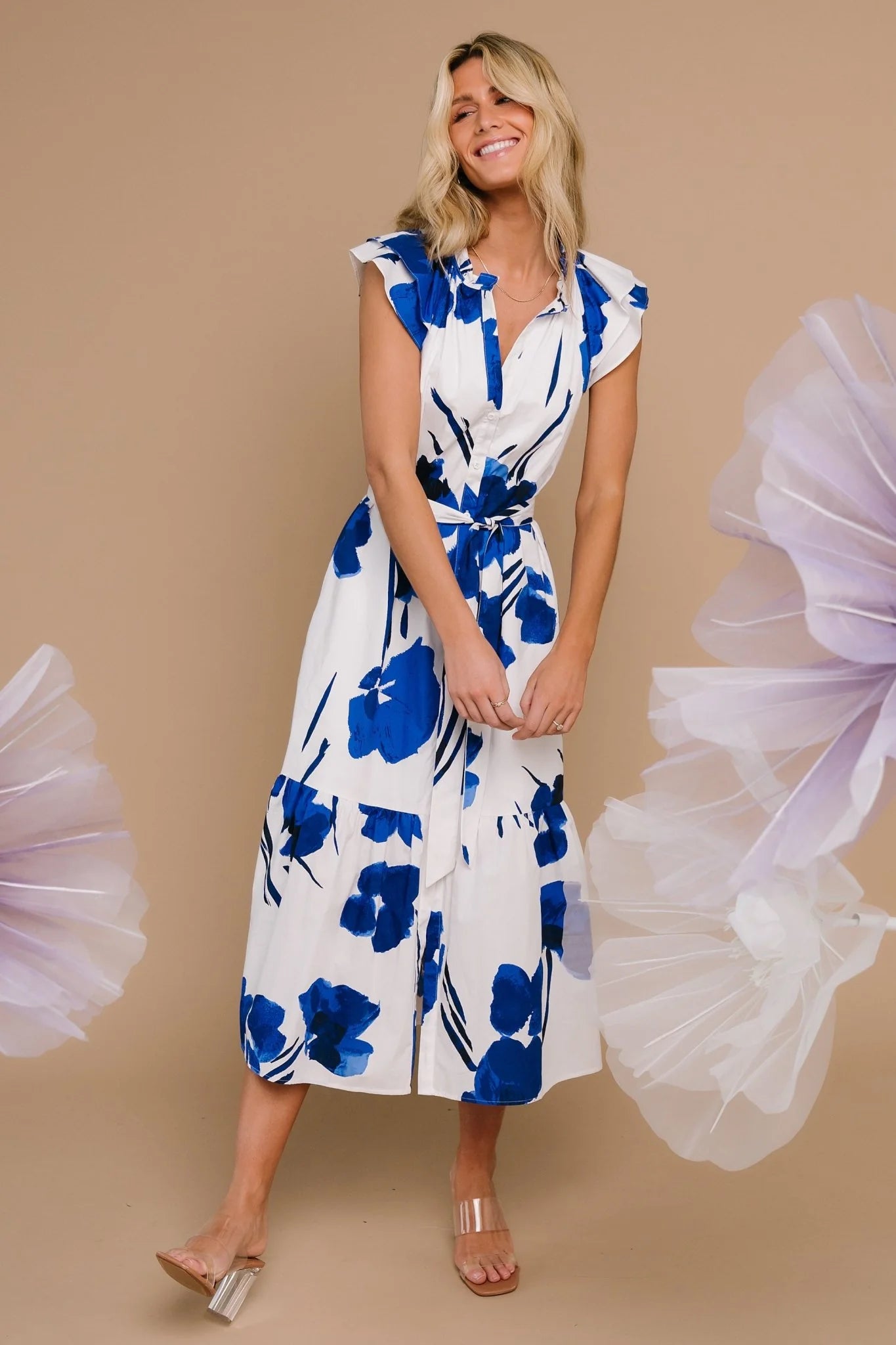 Blakely Button Dress | White + Cobalt