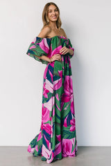 Azalea Off Shoulder Maxi Dress | Green + Fuchsia Floral
