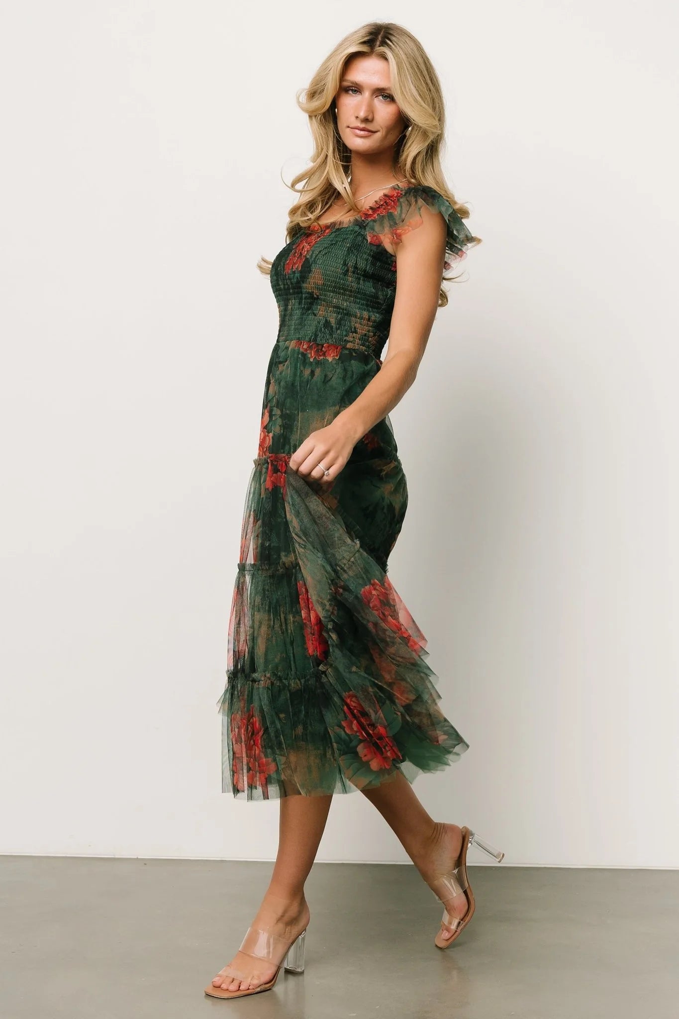 Clementine Tulle Midi Dress | Dark Green Floral