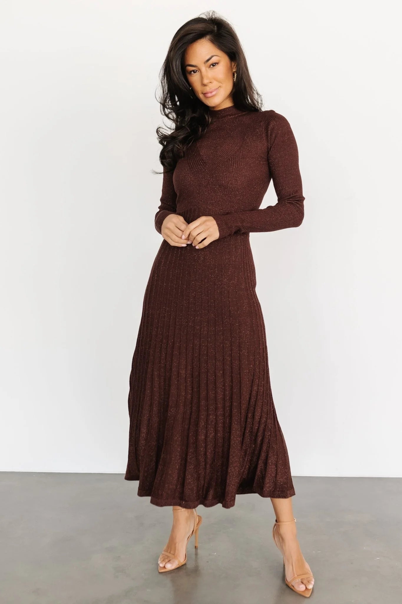 Jamelia Pleated Sweater Dress | Brown + Gold