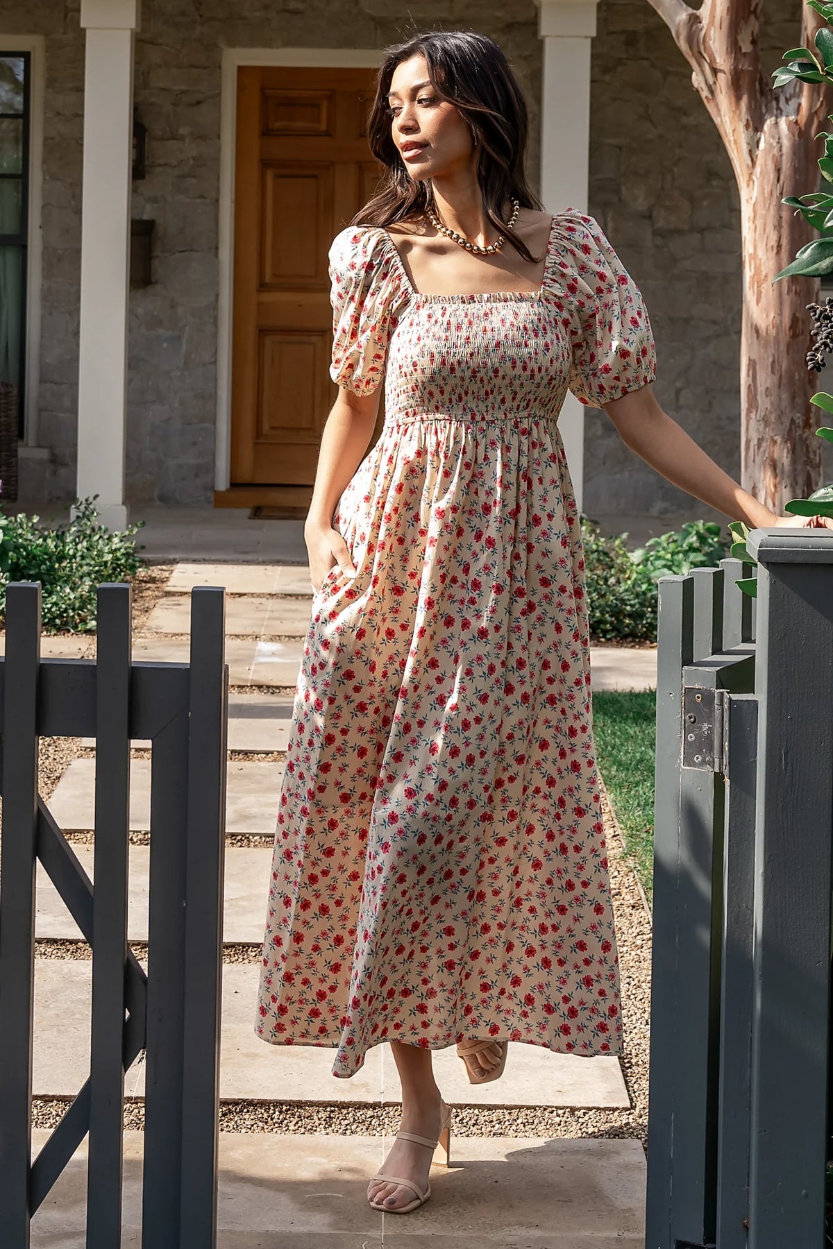 Haddie Smocked Midi Dress | Cream + Rose Floral