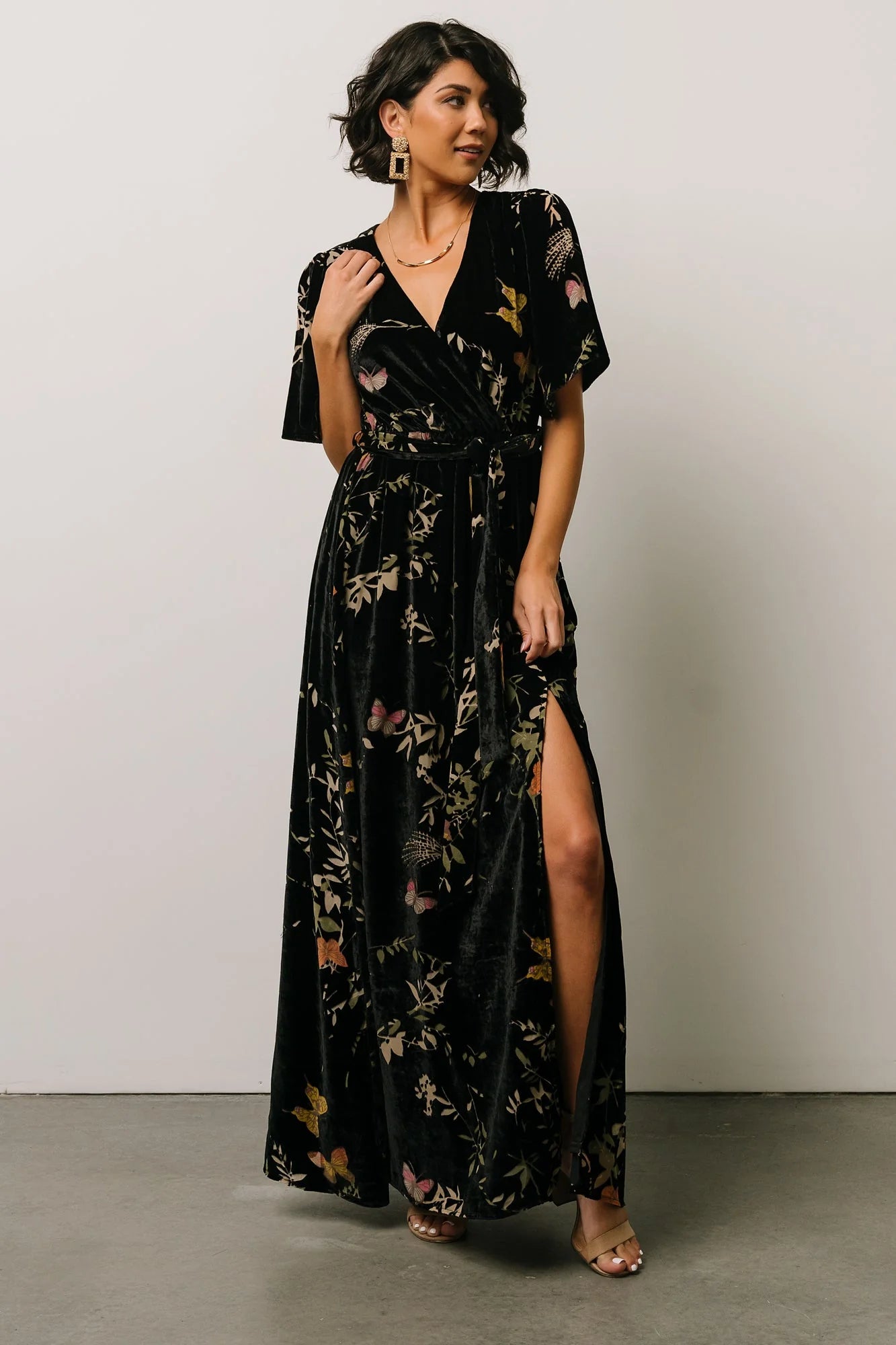 Uma Velvet Maxi Dress | Black Butterfly Print