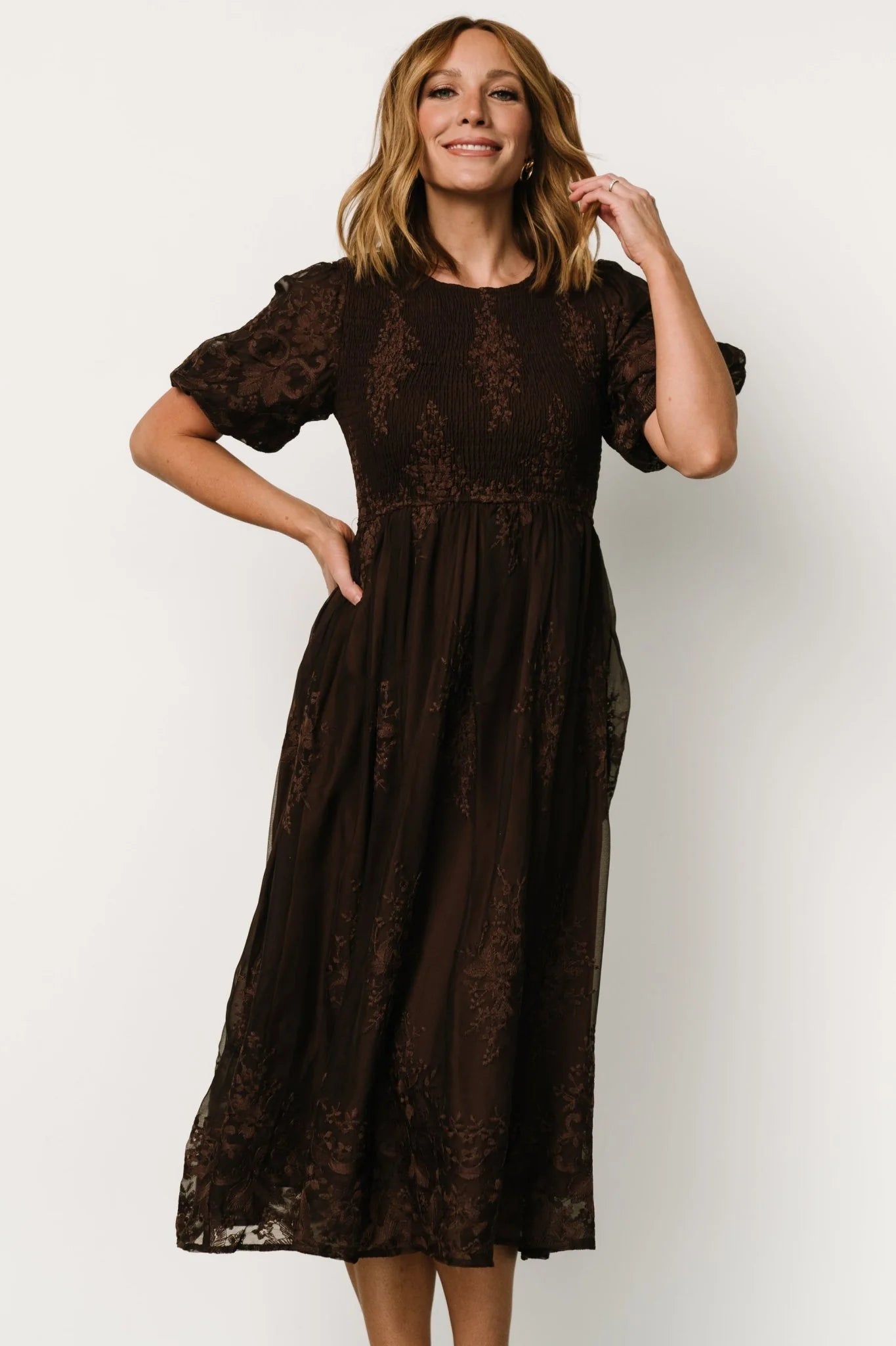 Corrine Embroidered Midi Dress | Brown