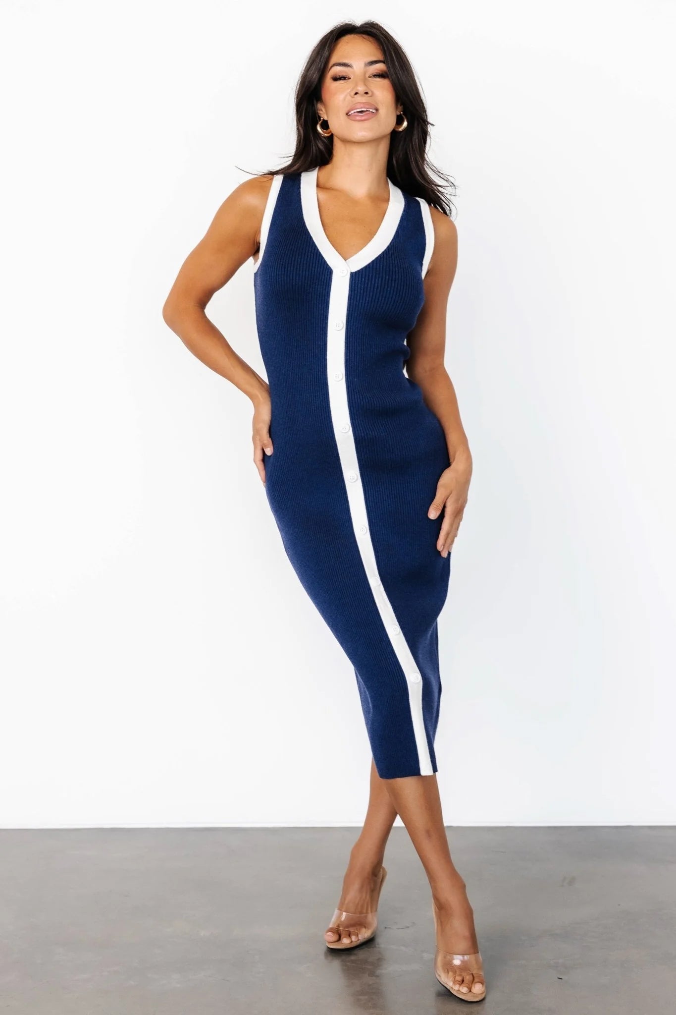 Coley Ribbed Button Dress | Navy + Off White
