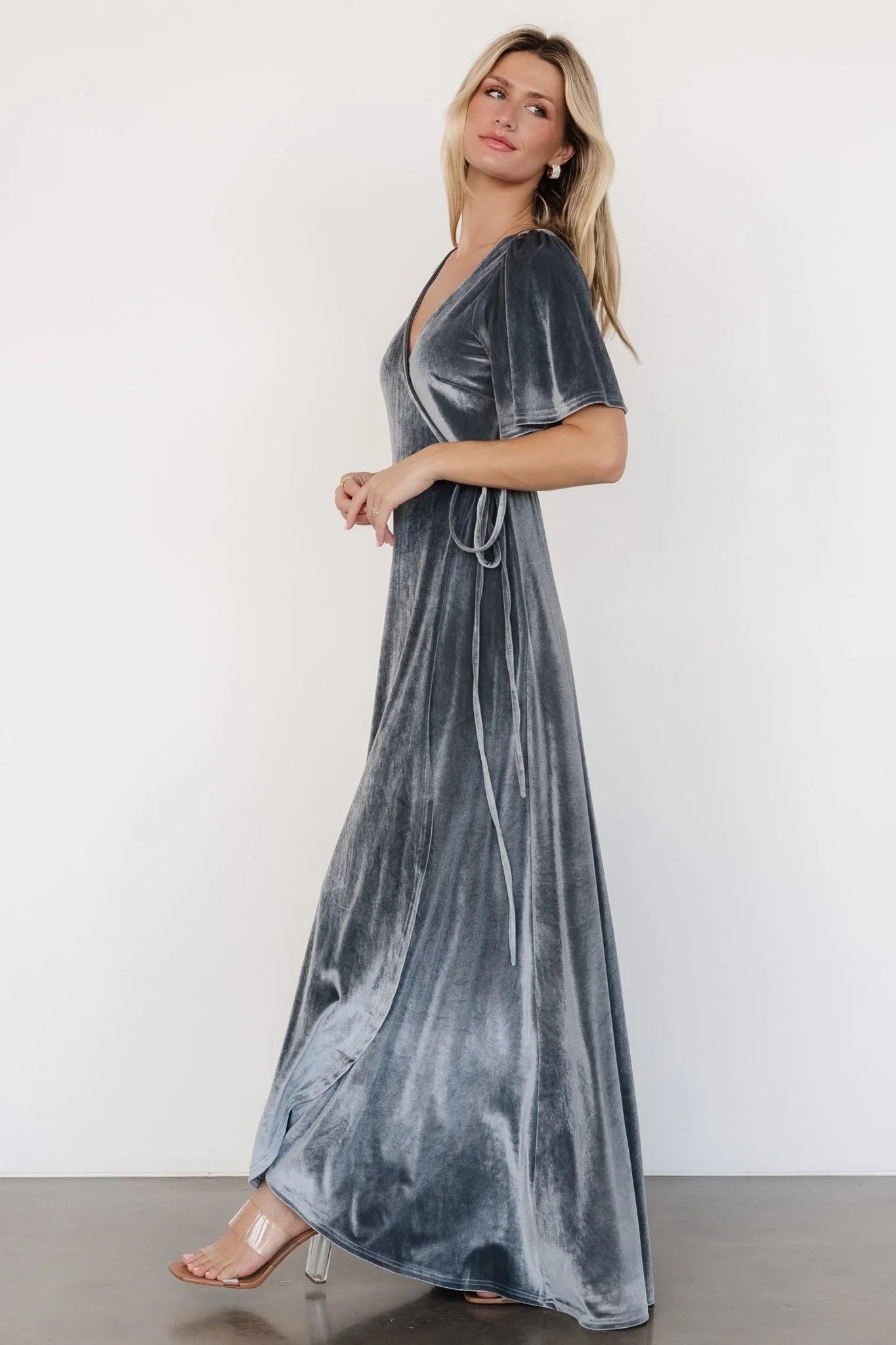 Katelyn Velvet Maxi Wrap Dress | Dusty Blue