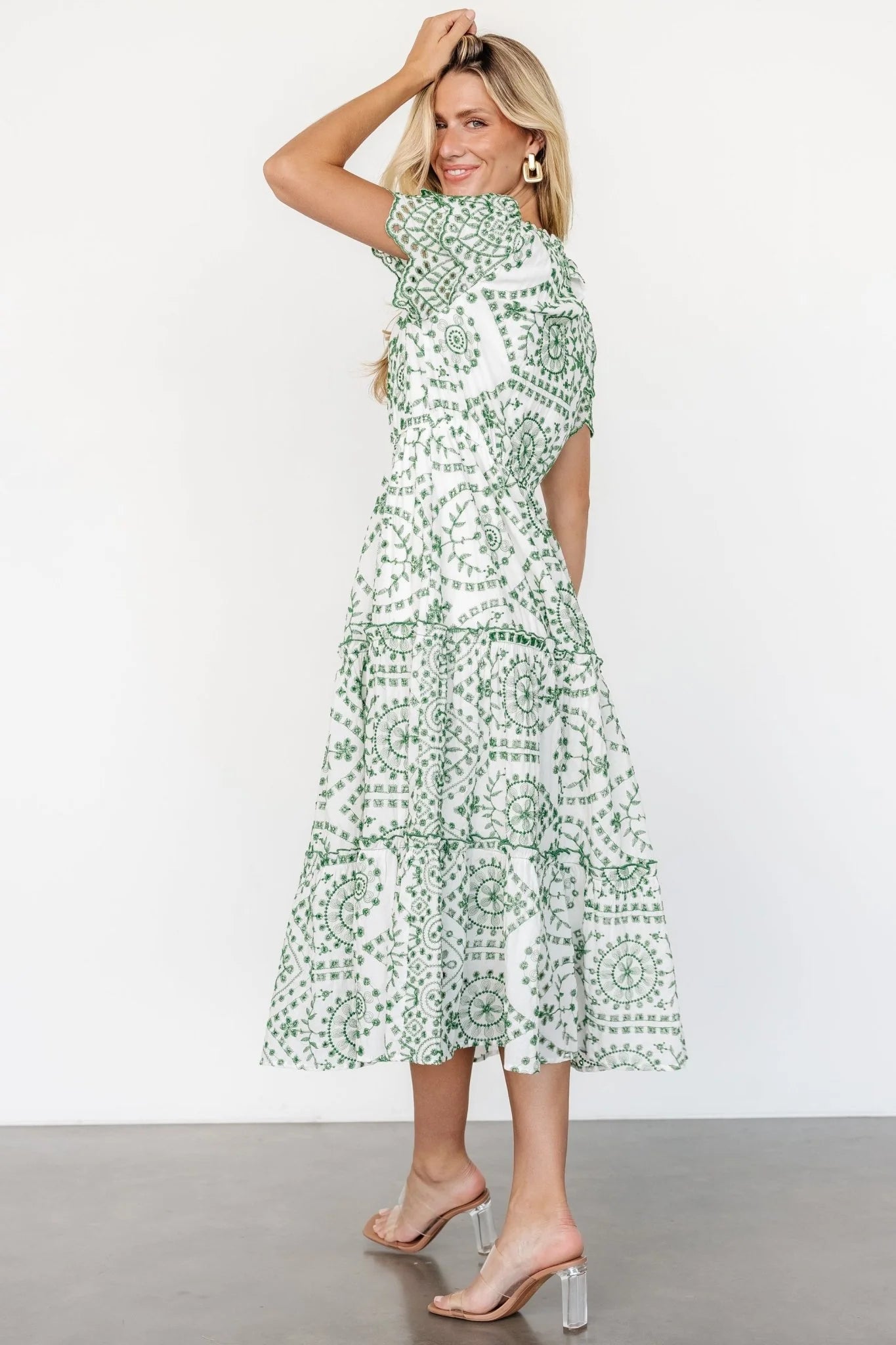 Mirabel Eyelet Midi Dress | White + Green
