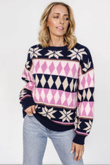 Zermatt Sweater | Navy + Pink Print