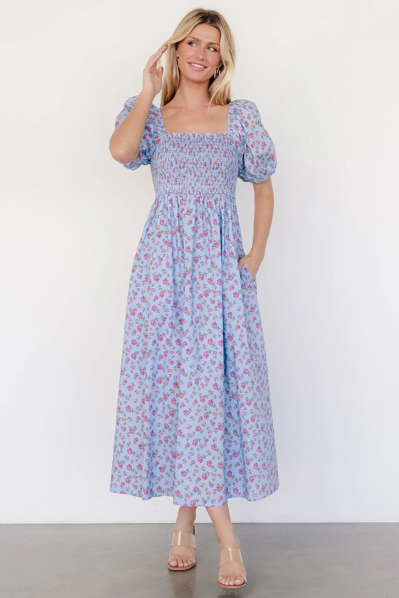 Haddie Smocked Midi Dress | Light Blue + Rose Floral