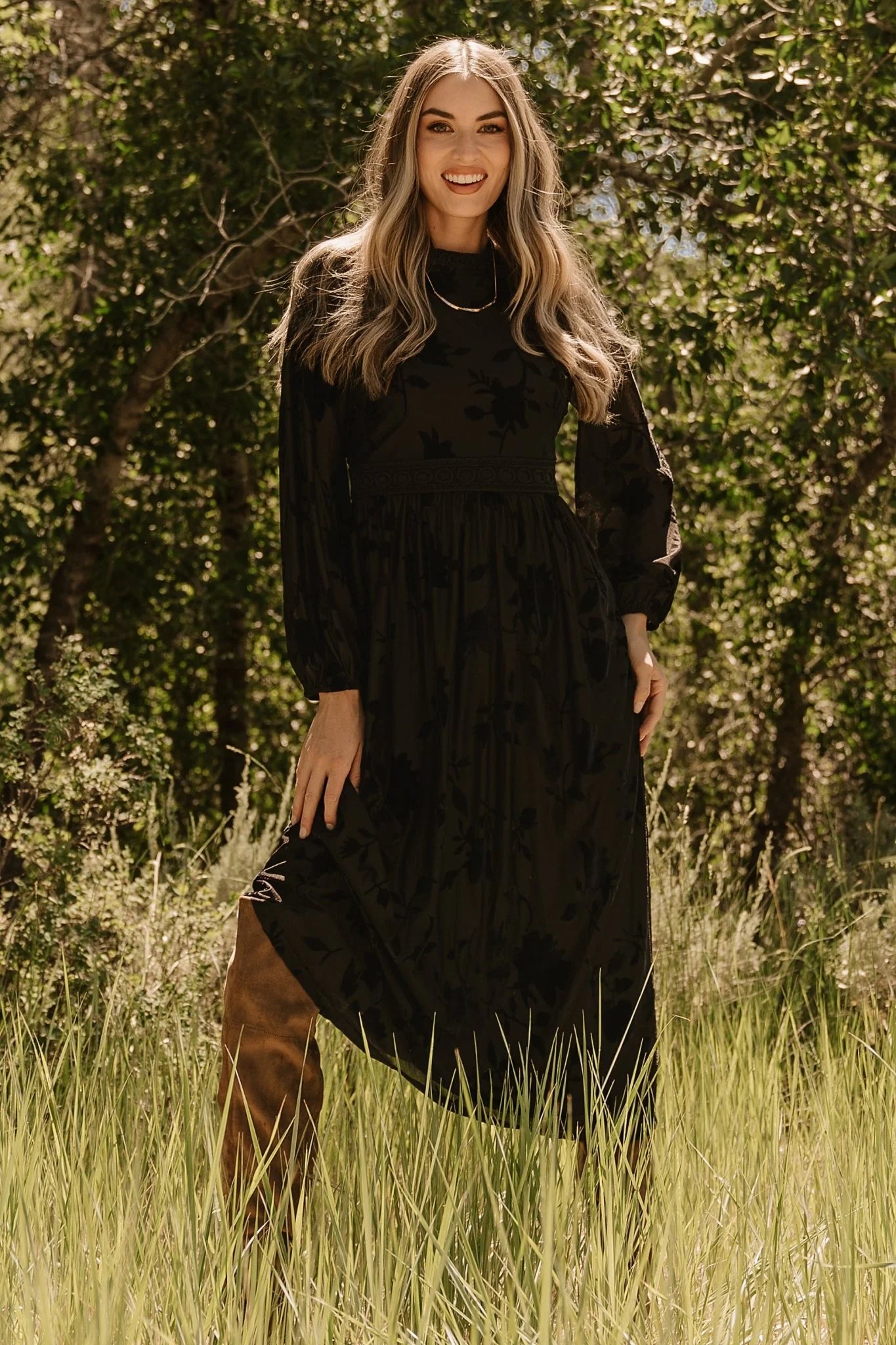 Christine Velvet Embossed Midi Dress | Black