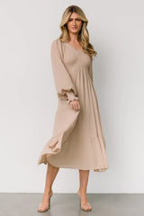 Lainey Smocked Dotted Midi Dress | Beige
