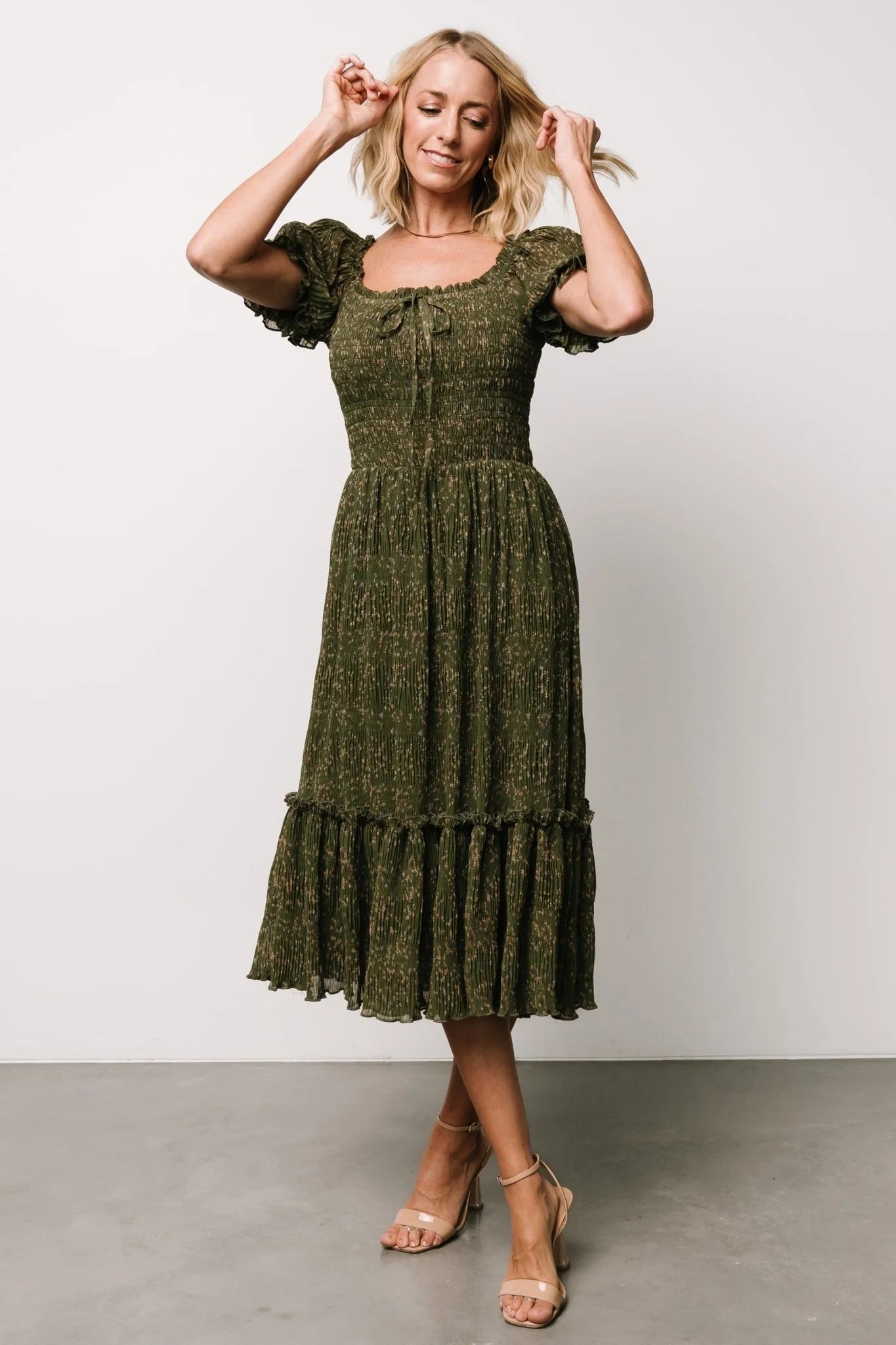 Beatrice Smocked Midi Dress | Olive Floral
